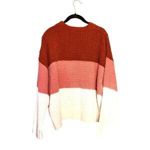 Steve Madden Women's Colorblock‎ Chunky Waffle Knit Sweater XL Rust Pink Ivory